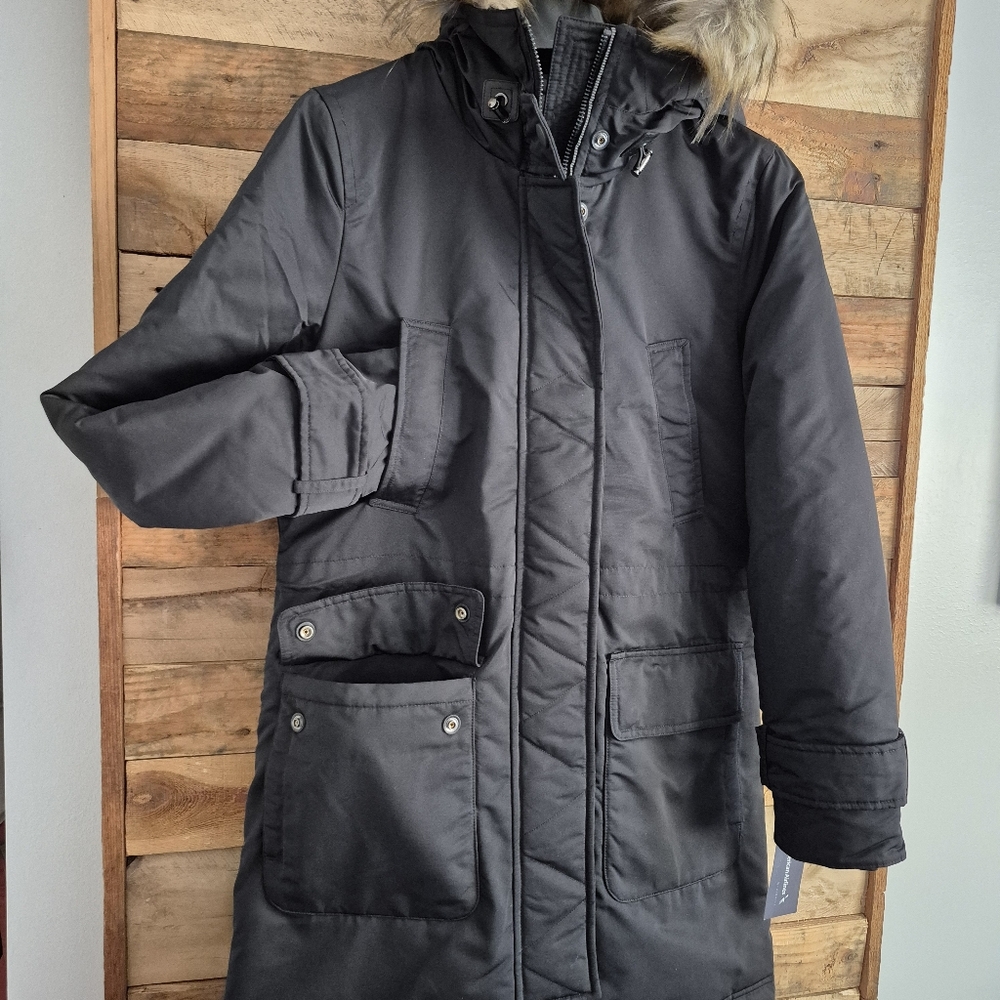 Parka with Faux Fur Hood Mid Length Winter Coat Charcoal Snow Ski Women's Small - Picture 8 of 14